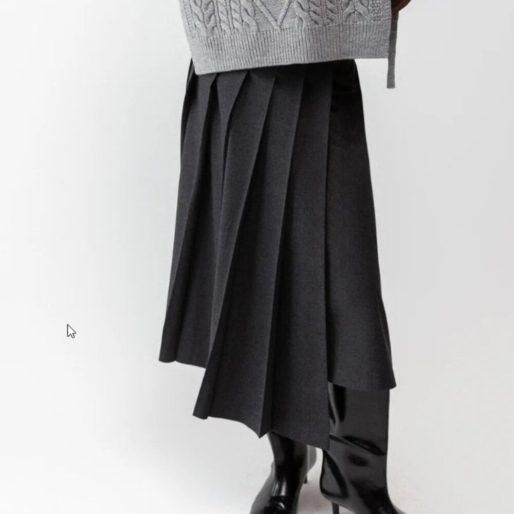 Oak + Fort Midi Pleated Asymmetrical Skirt Asphalt Size S